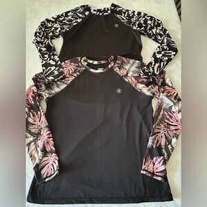 (2) Hurley Black Long Sleeve Floral Tropical UPF 50 Swim Rash Guard Top Large